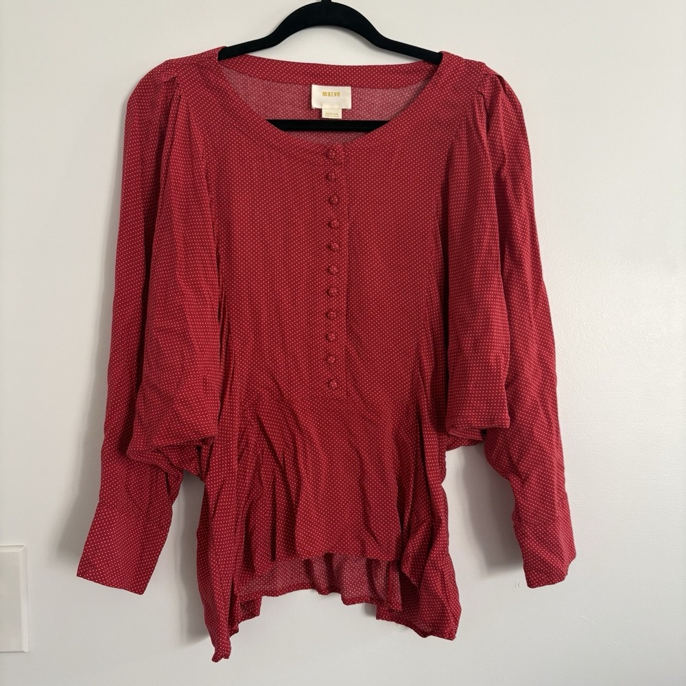 Anthropologie/Maeve Women's Red Dotted Polka Long Bat Sleeve Peplum Blouse SzM